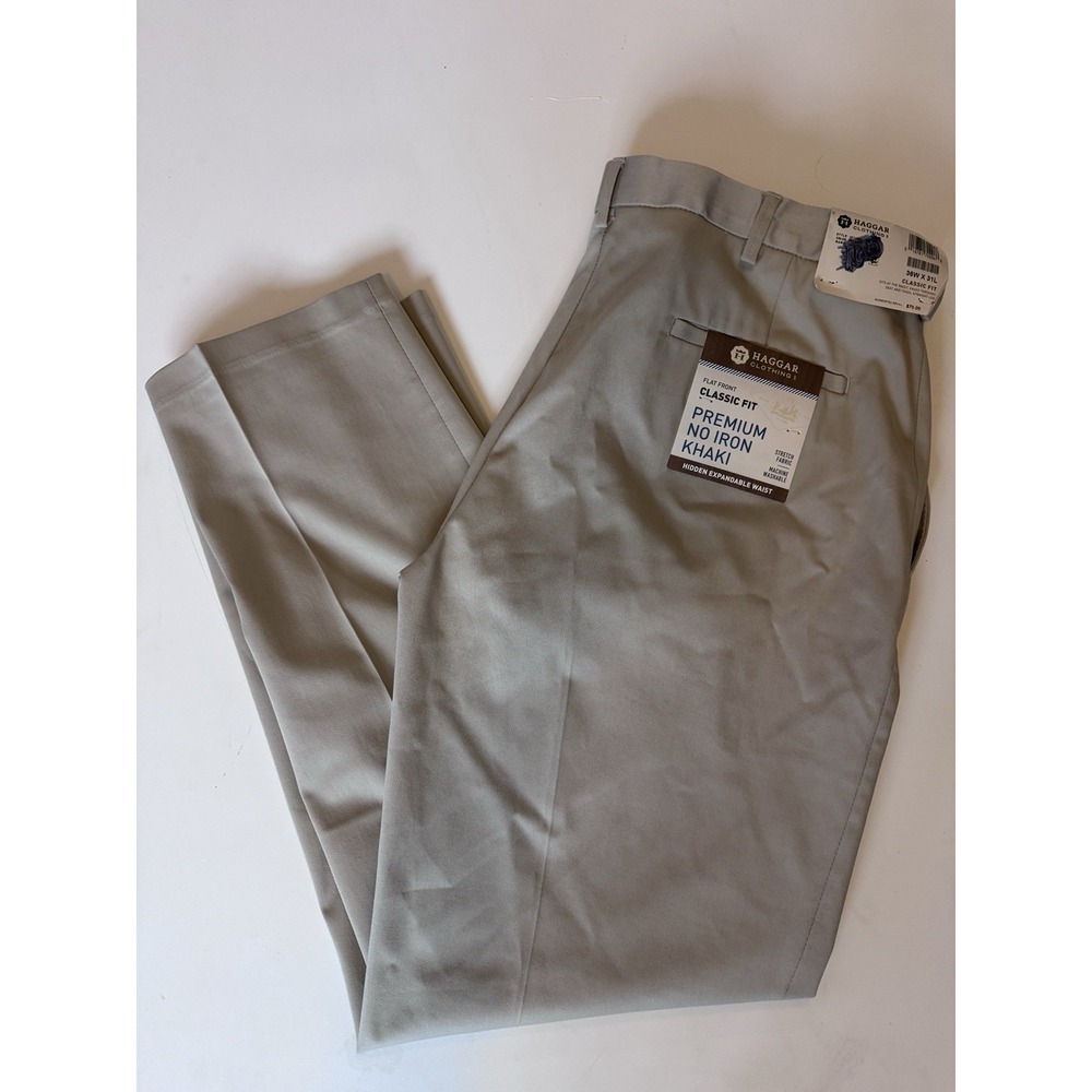 NEW Haggar Mens Pants No Iron Khaki Expandable Waist New 36x31
